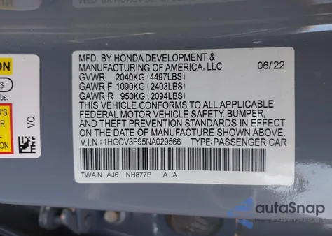 2022 Honda Accord Hybrid Touring z USA, uszkodzony, nr VIN 1HGCV3F95NA029566